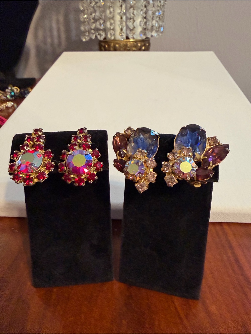 Vintage 50’s and 60’ AB Crystal Cluster Clip Earrings in Red and Purple
